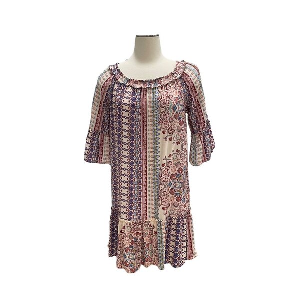 Boho Chic I.N.N.Y. Patchwork Print Dress Ruffled Neckline 3/4 Sleeves S Cottage - Picture 11 of 11